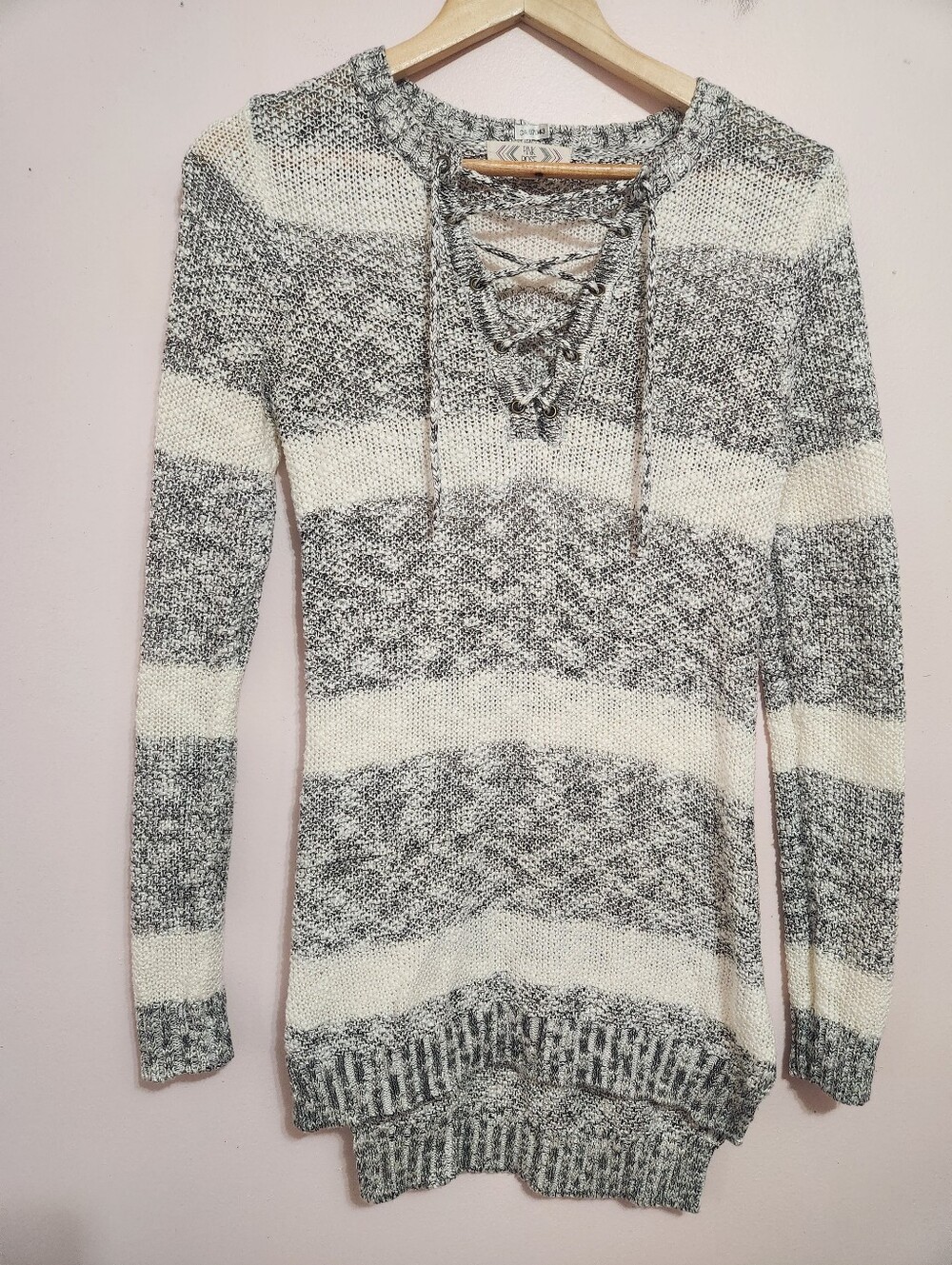 Pink Rose Marled Striped Knit Lace Up Tunic Sweater High Low Hem Size S Cozy